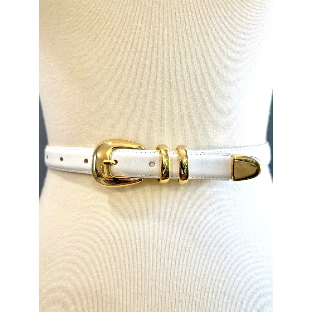 White Leather Belt Polished Gold Double Buckle & Tip Minimalist Chic, Size L
